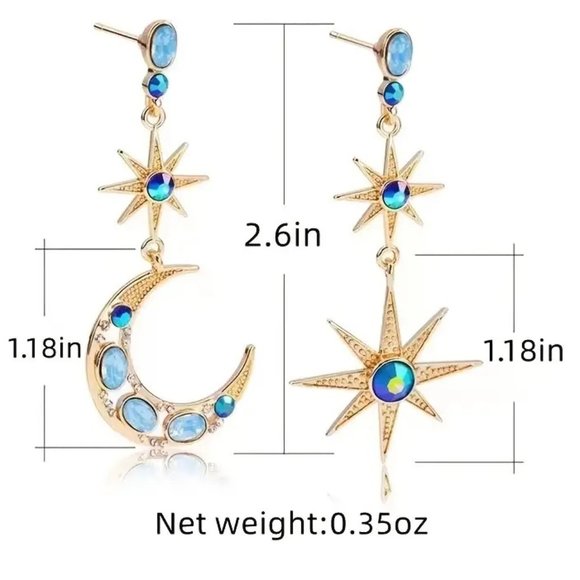 Sun Moon Stars Blue Rhinestone Asymmetrical Drop Earrings - NEW - Picture 3 of 6